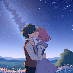 A romantic scene featuring two characters kissing under a starry night sky