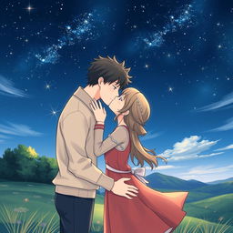 A romantic scene featuring two characters kissing under a starry night sky