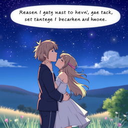 A romantic scene featuring two characters kissing under a starry night sky