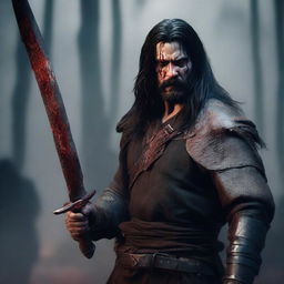 A portrait of an angry, crying man with long black hair, beard, and red eyes, holding a bloody sword