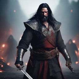 A portrait of an angry, crying man with long black hair, beard, and red eyes, holding a bloody sword