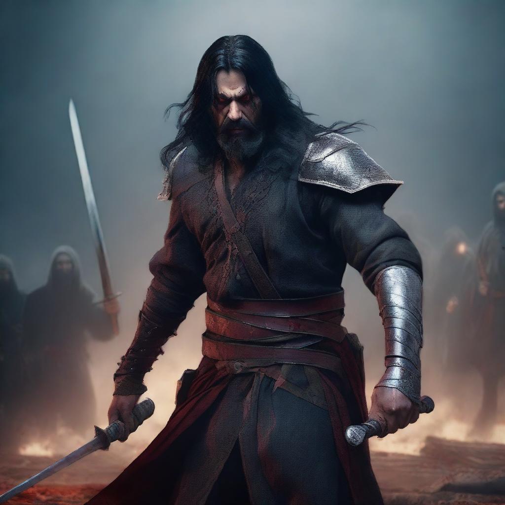 A portrait of an angry, crying man with long black hair, beard, and red eyes, holding a bloody sword