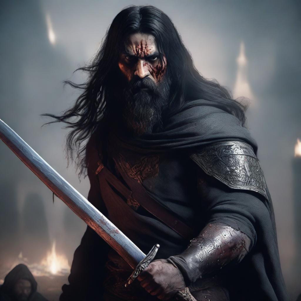 A portrait of an angry, crying man with long black hair, beard, and red eyes, holding a bloody sword