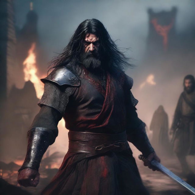 A portrait of an angry, crying man with long black hair, beard, and red eyes, holding a bloody sword