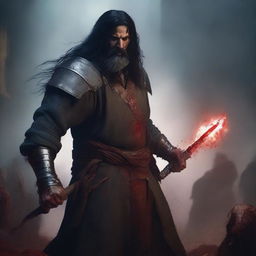 A portrait of an angry, crying man with long black hair, beard, and red eyes, holding a bloody sword