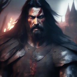 A portrait of an angry, crying man with long black hair, beard, and red eyes, holding a bloody sword