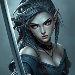 A portrait of a drow dancer and warrior, featuring elegant and loose hair, pale eyes, and grey ash skin