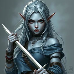 A portrait of a drow dancer and warrior, featuring elegant and loose hair, pale eyes, and grey ash skin