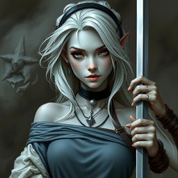 A portrait of a drow dancer and warrior, featuring elegant and loose hair, pale eyes, and grey ash skin