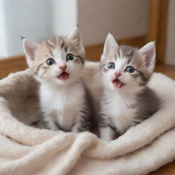 Full and content, the kittens merrily playing, their faces radiating joy and satisfaction in their cozy home