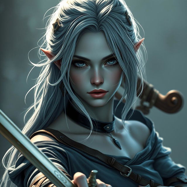 A portrait of a drow dancer and warrior, featuring elegant and loose hair, pale eyes, and grey ash skin