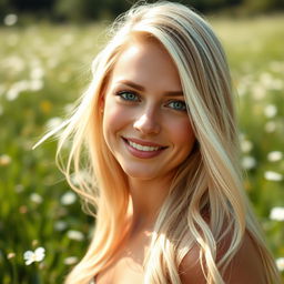 A beautiful blonde woman with flowing hair, smiling gently