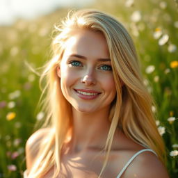 A beautiful blonde woman with flowing hair, smiling gently