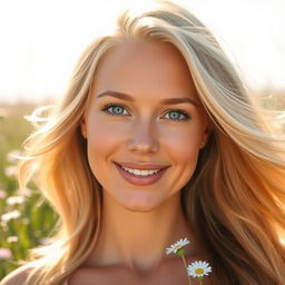 A beautiful blonde woman with flowing hair, smiling gently