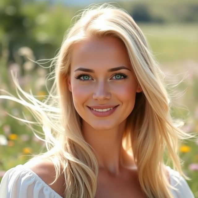 A beautiful blonde woman with flowing hair, smiling gently