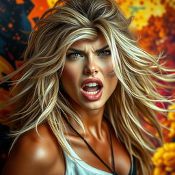 A wild and alluring blonde woman with a confident and fierce expression, set against a vibrant and dynamic background