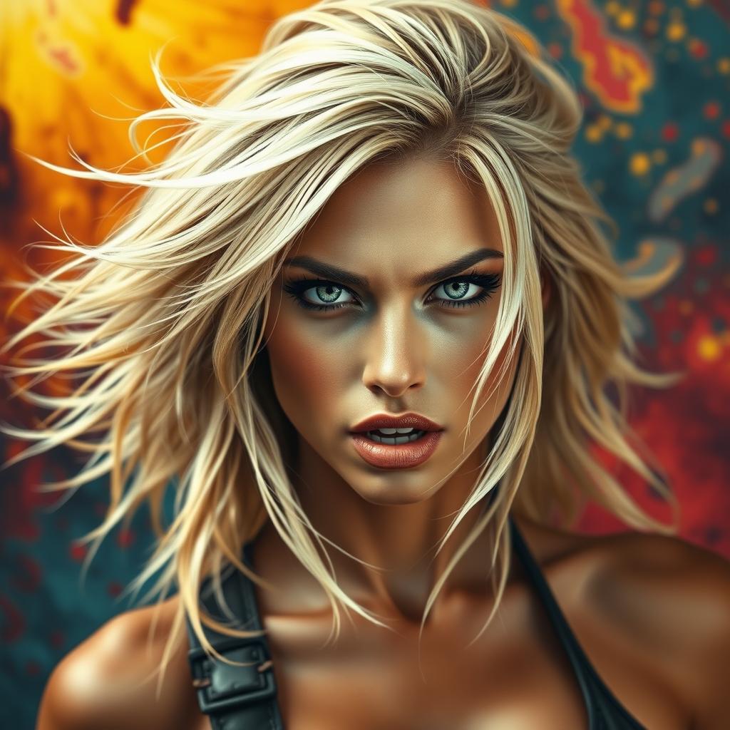 A wild and alluring blonde woman with a confident and fierce expression, set against a vibrant and dynamic background