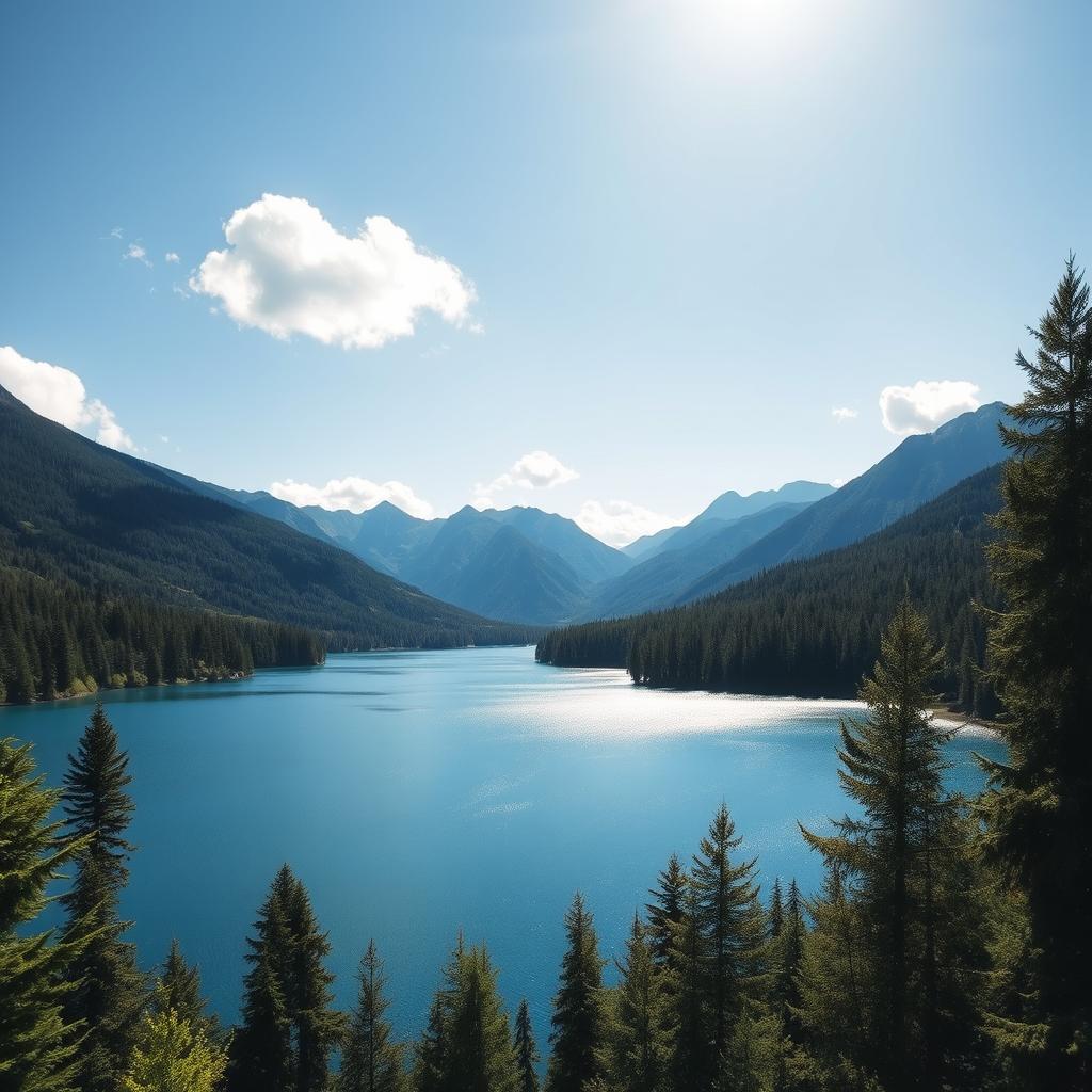 A beautiful landscape featuring a serene lake surrounded by lush green forests and majestic mountains in the background