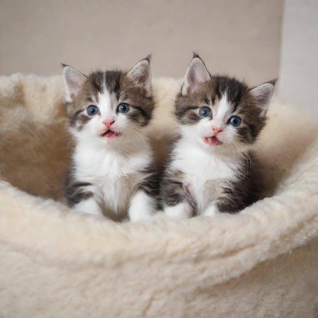 Full and content, the kittens merrily playing, their faces radiating joy and satisfaction in their cozy home