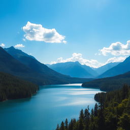 A beautiful landscape featuring a serene lake surrounded by lush green forests and majestic mountains in the background