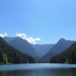 A beautiful landscape featuring a serene lake surrounded by lush green forests and majestic mountains in the background