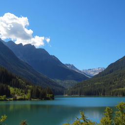 A beautiful landscape featuring a serene lake surrounded by lush green forests and majestic mountains in the background