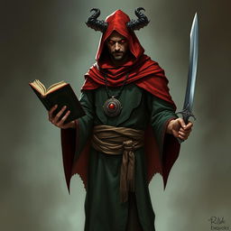 A full-body image of a high priest cultist standing with red eyes