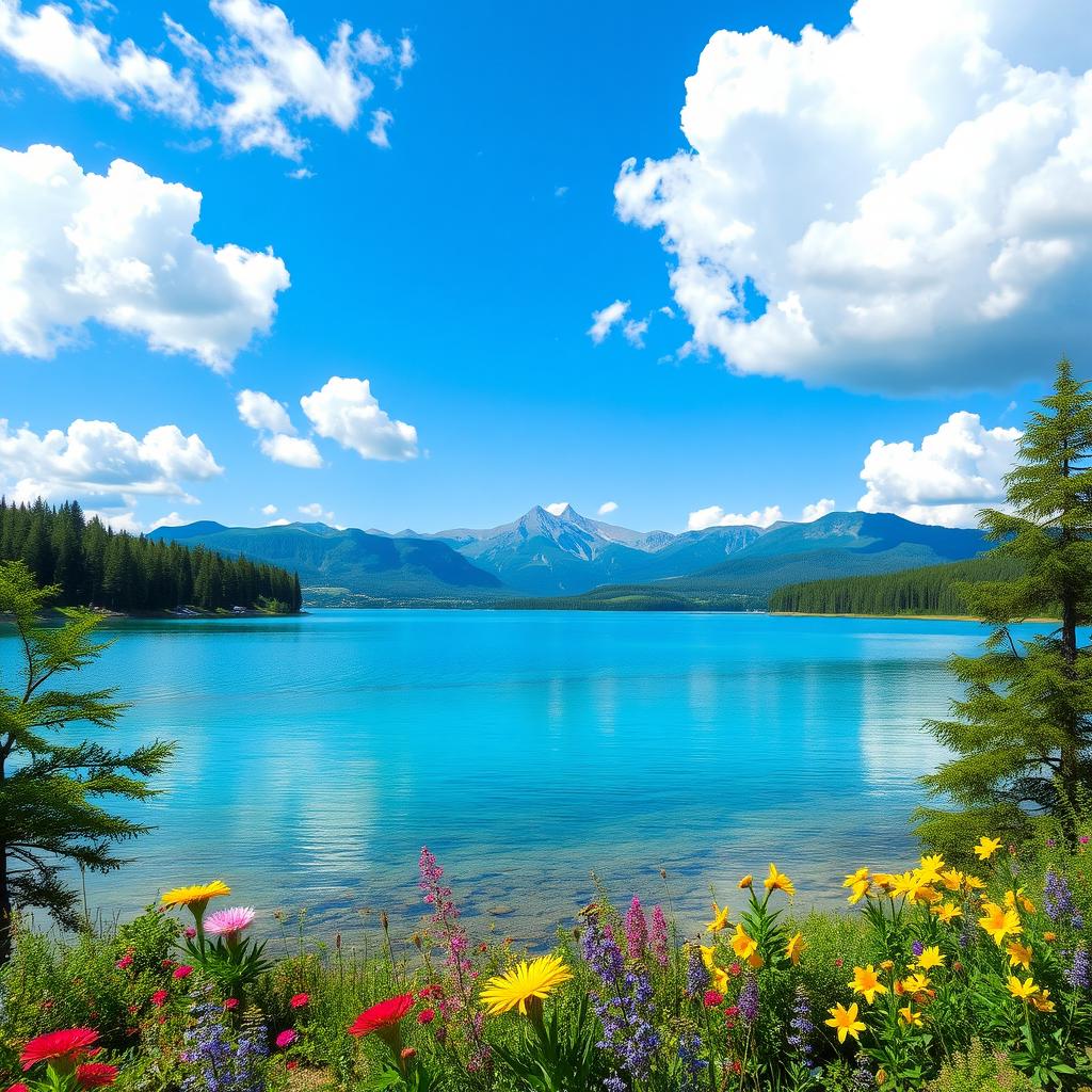 A serene landscape featuring a crystal-clear lake surrounded by lush green trees and vibrant flowers