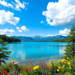 A serene landscape featuring a crystal-clear lake surrounded by lush green trees and vibrant flowers