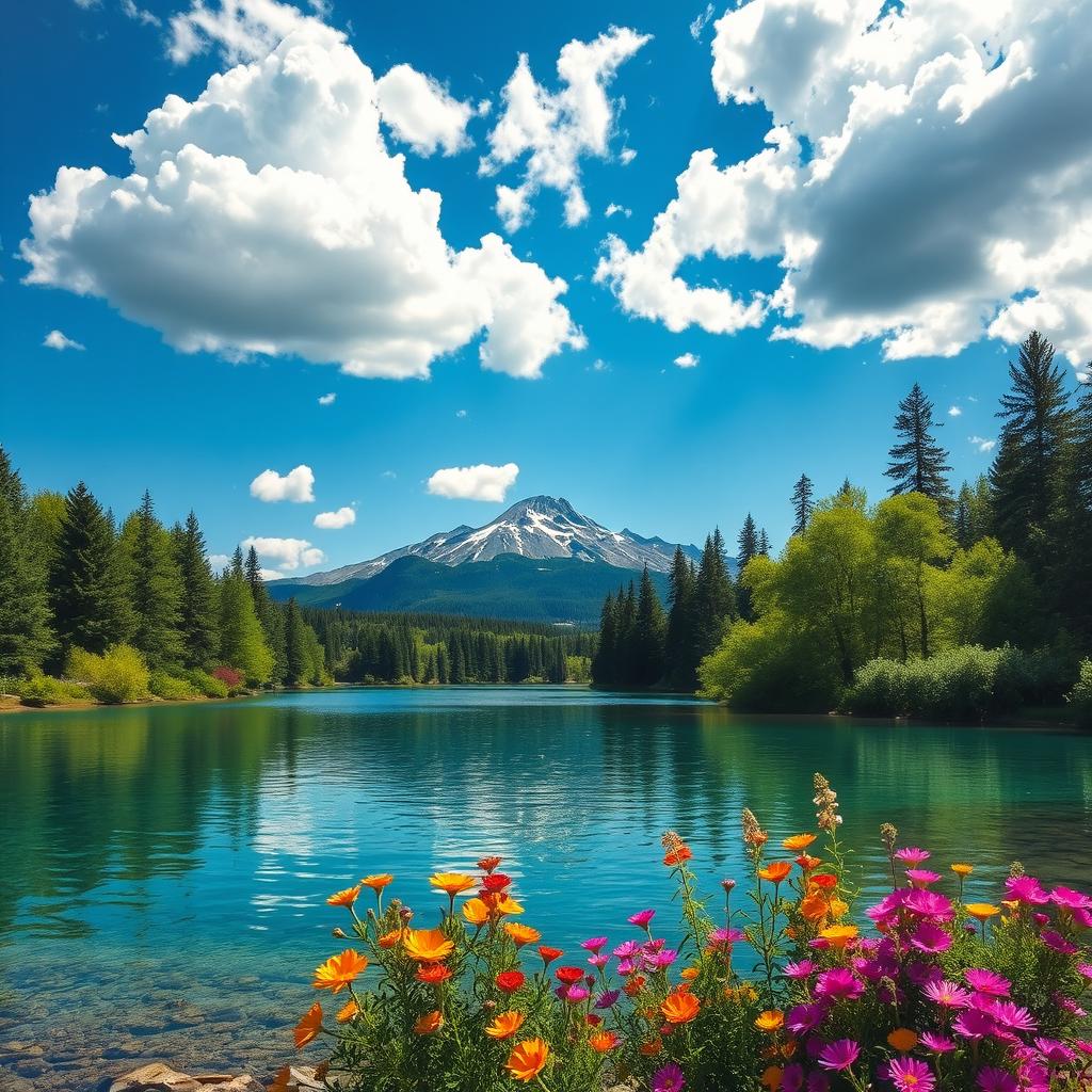 A serene landscape featuring a crystal-clear lake surrounded by lush green trees and vibrant flowers