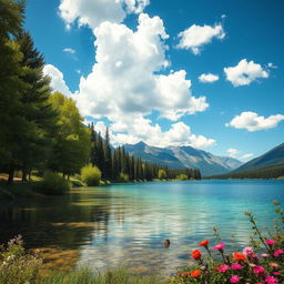 A serene landscape featuring a crystal-clear lake surrounded by lush green trees and vibrant flowers