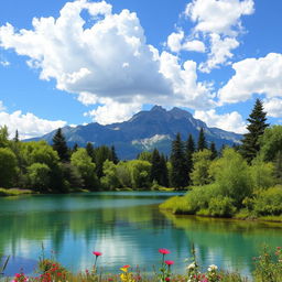 A serene landscape featuring a crystal-clear lake surrounded by lush green trees and vibrant flowers