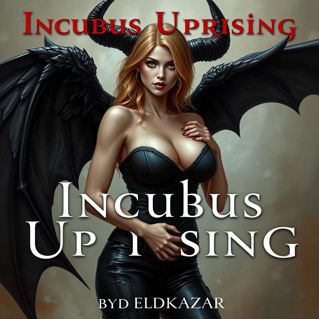 A beautiful girl with large breasts and tight clothing being embraced by a demon with black wings