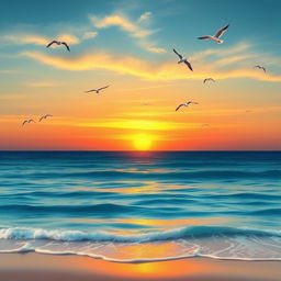 Create an image of a beautiful sunrise over a calm ocean, with seagulls flying in the sky and gentle waves lapping against the shore