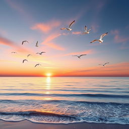 Create an image of a beautiful sunrise over a calm ocean, with seagulls flying in the sky and gentle waves lapping against the shore