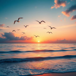 Create an image of a beautiful sunrise over a calm ocean, with seagulls flying in the sky and gentle waves lapping against the shore