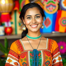 A beautiful Latina woman with a warm smile, wearing traditional clothing that highlights her cultural heritage