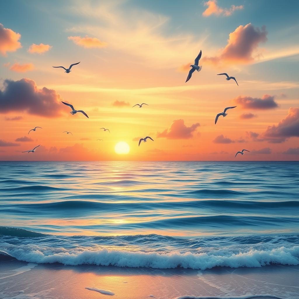 Create an image of a beautiful sunrise over a calm ocean, with seagulls flying in the sky and gentle waves lapping against the shore