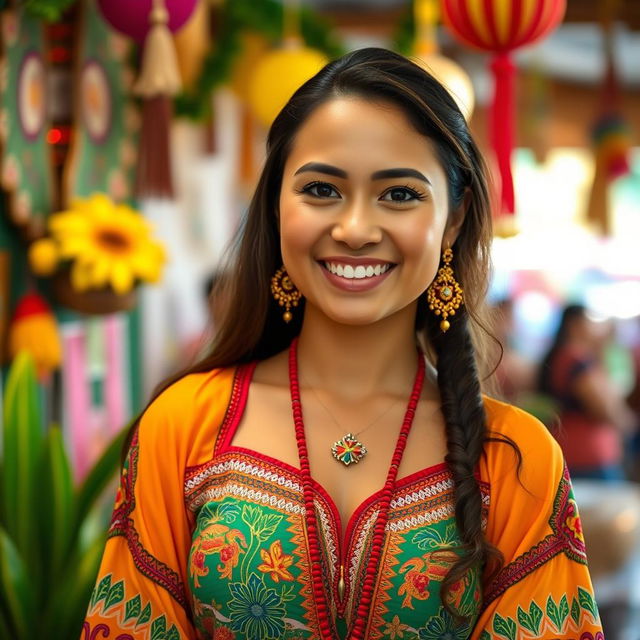 A beautiful Latina woman with a warm smile, wearing traditional clothing that highlights her cultural heritage