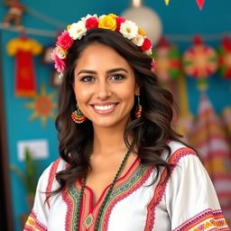 A beautiful Latina woman with a warm smile, wearing traditional clothing that highlights her cultural heritage