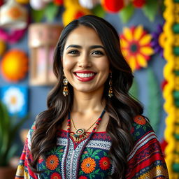 A beautiful Latina woman with a warm smile, wearing traditional clothing that highlights her cultural heritage