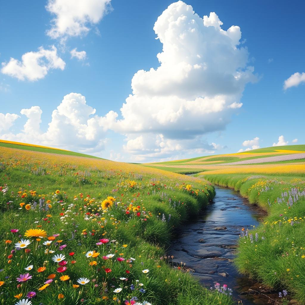 A serene landscape featuring a vibrant meadow filled with colorful flowers, a gentle stream flowing through it, and a clear blue sky with fluffy white clouds