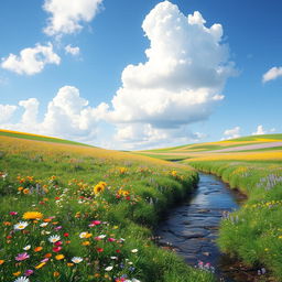 A serene landscape featuring a vibrant meadow filled with colorful flowers, a gentle stream flowing through it, and a clear blue sky with fluffy white clouds