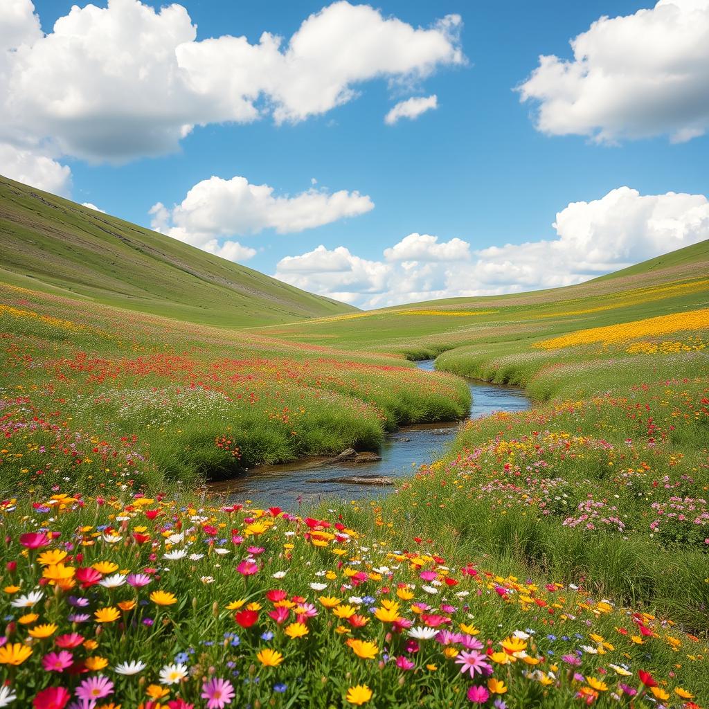 A serene landscape featuring a vibrant meadow filled with colorful flowers, a gentle stream flowing through it, and a clear blue sky with fluffy white clouds