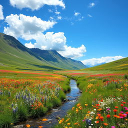 A serene landscape featuring a vibrant meadow filled with colorful flowers, a gentle stream flowing through it, and a clear blue sky with fluffy white clouds