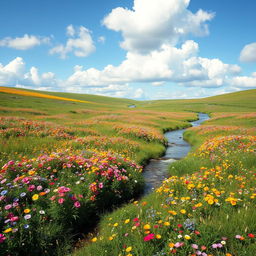 A serene landscape featuring a vibrant meadow filled with colorful flowers, a gentle stream flowing through it, and a clear blue sky with fluffy white clouds