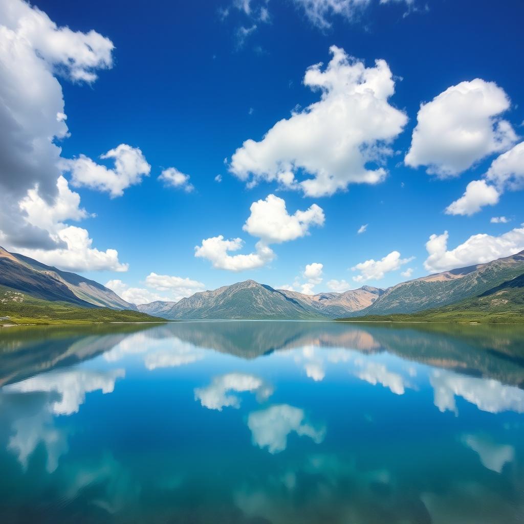 A beautiful landscape featuring a serene lake surrounded by mountains under a clear blue sky with fluffy white clouds