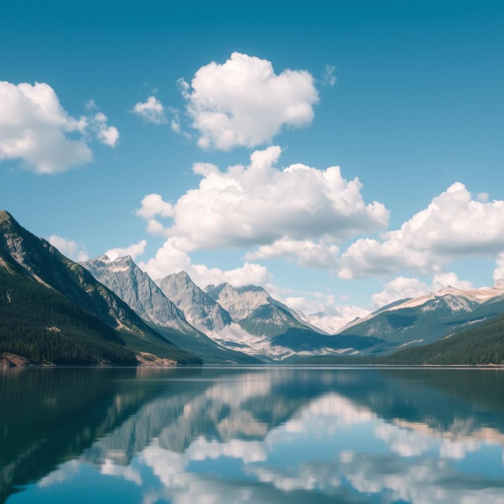 A beautiful landscape featuring a serene lake surrounded by mountains under a clear blue sky with fluffy white clouds