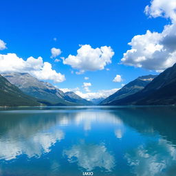 A beautiful landscape featuring a serene lake surrounded by mountains under a clear blue sky with fluffy white clouds