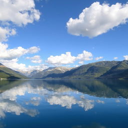 A beautiful landscape featuring a serene lake surrounded by mountains under a clear blue sky with fluffy white clouds